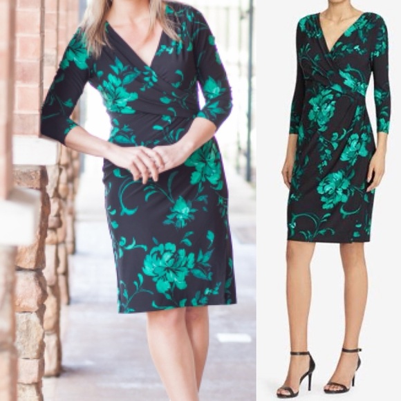 Lauren Ralph Lauren women's Faux Draped top Dress, Green/Black, Size 6 - Picture 2 of 12